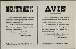 … Avis. Valenciennes, le 12 octobre 1914. Les réquisitions de toute nature devront se faire par bons portant le visa de la Kommandantur…