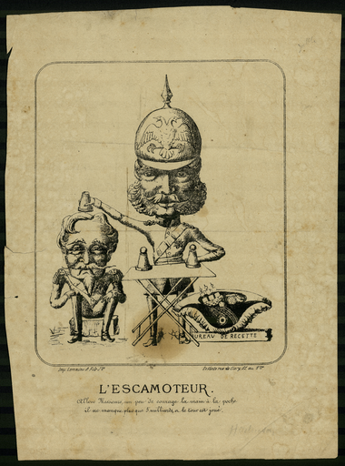 L'escamoteur. Allons, messieurs, un peu de courage, la main à la poche il ne manque plus que cinq milliards et le tour est joué.