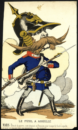 Le fusil à aiguille. Mars dieu de la guerre, s'est déguisé en Prussien, pour essayer le fusil à aiguille et jouer un mauvais tour aux Autrichiens...