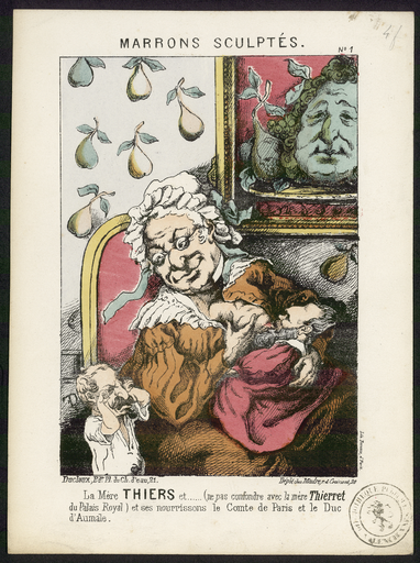 Marrons sculptés N°1. La Mère Thiers et... (ne pas confondre avec la mère Thierret du Palais Royal) et ses nourrissons le comte de Paris et le duc d'Aumale