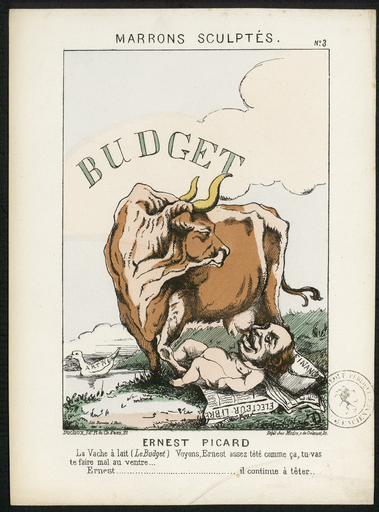 Marrons sculptés N°3. Ernest Picard. La vache à lait (le Budget). Voyons, Ernest assez tété comme ça, tu vas te faire mal au ventre...