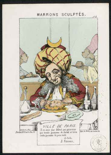 Marrons sculptés N°8. Ville de Paris. Il ne sera plus délivré par personne que trente grammes de cheval et trois cents grammes de pain noir. Le Pacha, J. Ferry
