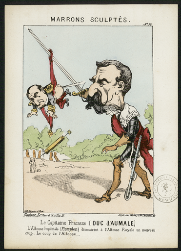 Marrons sculptés N°10. Le capitaine Fracasse (duc d'Aumale). L'Altesse impériale (Plomplon) démontrant à l'Altesse royale un nouveau coup : le coup de l'Altesse...