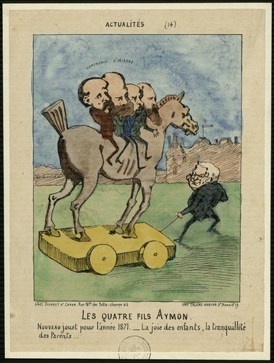 Actualités (14). Les Quatre fils Aymon. Nouveau jouet pour l'année 1871. La joie des enfants, la tranquillité des parents.