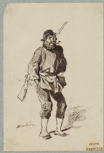 [Homme barbu fumant la pipe, fusil au dos]