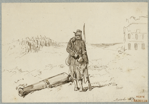 [Soldat de dos à côté d'un canon observant des manoeuvres]