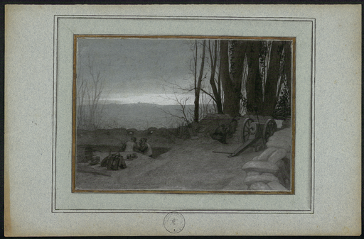 [Soldats embusqués dans des tranchées et derrière des murs]