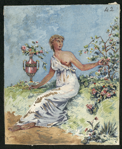 [Femme assise dans un jardin cueillant des roses]