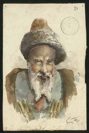 [Portrait d'Oriental barbu aux six couteaux] au recto, [Maisons et tour d'église] au verso