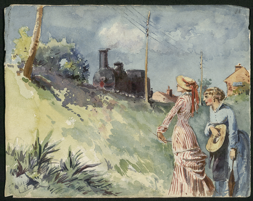 [Deux femmes regardent une locomotive depuis le contrebas d'un talus]