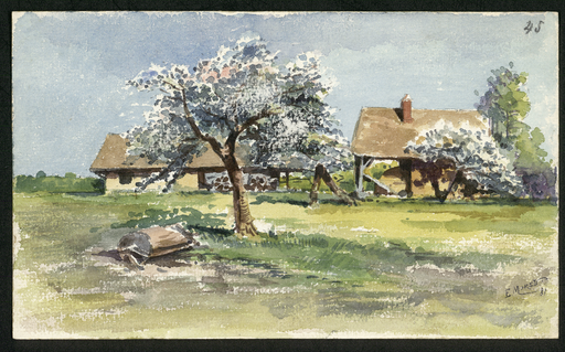 [Paysage printanier d'arbres en fleurs, grange et fenil]