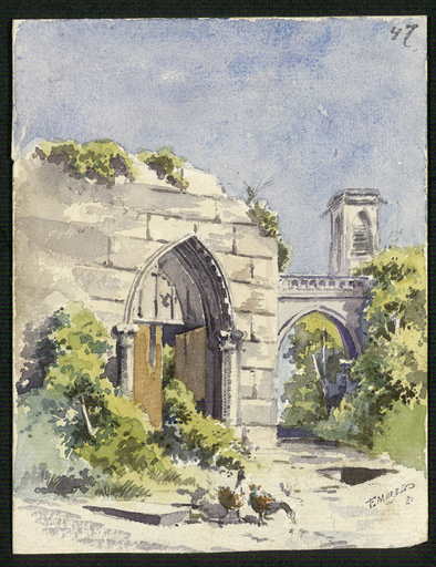 [Ruines d'un porche gothique, arc et tour d'église]