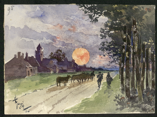 [Paysage crépusculaire avec des paysans ramenant les bœufs au village]