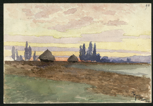 [Paysage au crépuscule avec deux meules et des arbres à l'horizon]