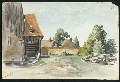 [Moulin et fermes entourés d'arbres]