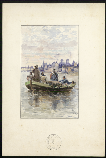 [Cinq hommes en barque se dirigeant vers une ville]