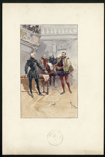 [Quatre hommes devant une cheminée monumentale]