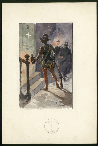 [Scène nocturne avec un soldat portant un morion et un mousquet]