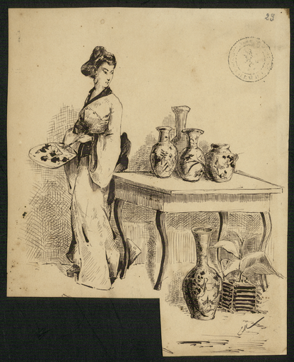 [Japonaise regardant des potiches sur une table] au recto, [Détail de l'éventail, esquisse des vases et du costume] au verso