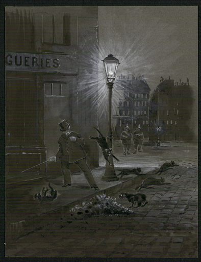 [Vue nocturne d'un homme attaqué par des chats noirs sous un réverbère]