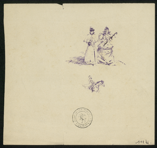 [Croquis de deux dames portant des manchons et un cavalier à toque de fourrure]
