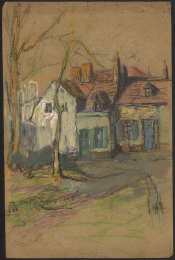 [Arbres morts devant des maisons anciennes]