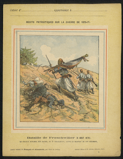 Bataille de Froeschwiller (6 août 1870). Le sergent Mohamed Ben Dacieh, du 2e tirailleurs, sauve le drapeau de son régiment.