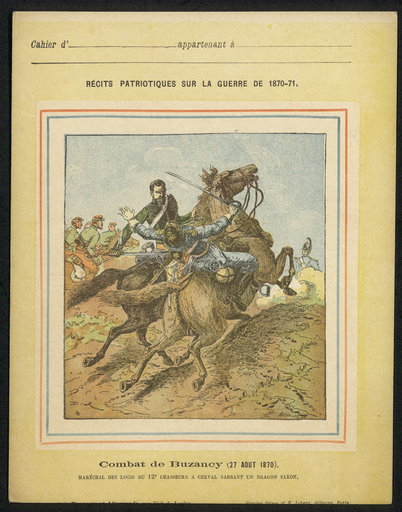 Combat de Buzancy (27 août 1870). Maréchal des Logis du 12e chasseurs à cheval sabrant un dragon saxon