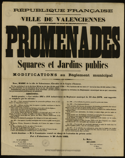Ville de Valenciennes. Promenades square et jardins publics. Modifications au règlement municipal