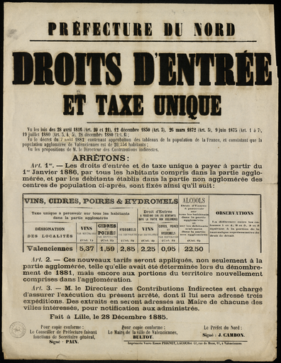 Droits d'entrée et taxe unique. Préfecture du Nord
