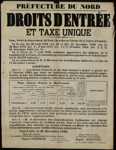 Droits d'entrée et taxe unique. Préfecture du Nord