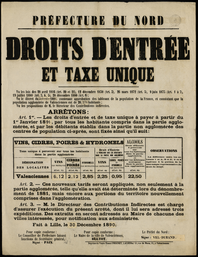 Droits d'entrée et taxe unique. Préfecture du Nord
