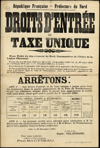Droits d'entrée et taxe unique. Préfecture du Nord