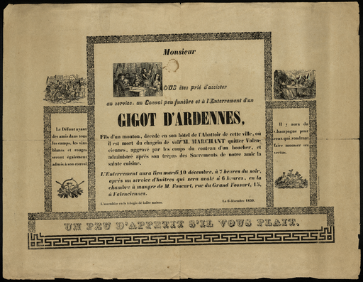 Monsieur vous êtes prié d'assister au service, au Convoi peu funèbre et à l'Enterrement d'un Gigot des Ardennes...