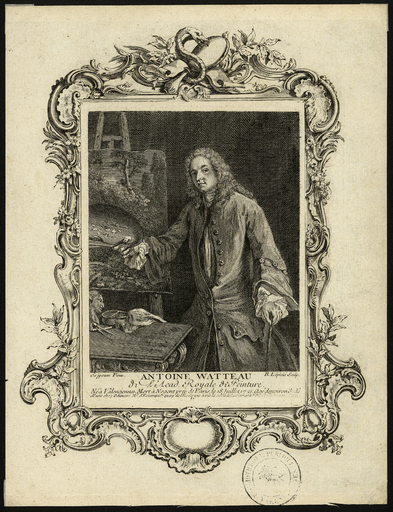 Antoine Watteau de l'Acad. Royale de Peinture. Né à Valenciennes. Mort à Nogent près de Paris, le 18 juillet 1721 agé d'environ 37 as [ans]