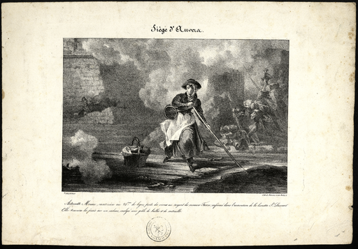 Siège d'Anvers. Antoinette Moreau, cantinière au 25.ème de ligne, porte des vivres au sergent des mineurs Favre... malgré une grêle de balles et de mitraille