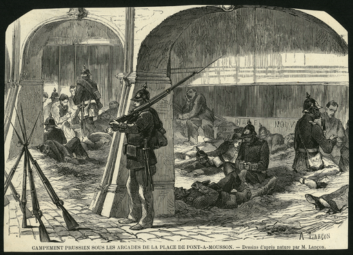 Campement prussien sous les arcades de la place de Pont-à-Mousson. Dessins d'après nature par M. Lançon