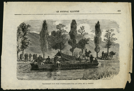 Transport d'un parc d'artillerie sur le canal de la Marne