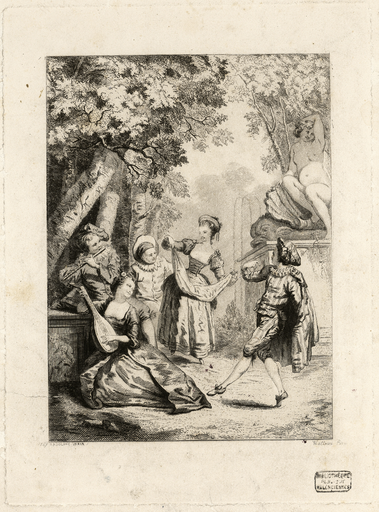 [Musiciens et danseur près d'une fontaine]