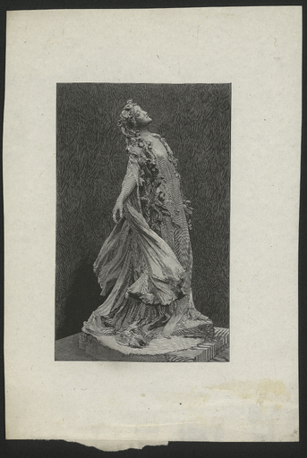 [Emma Calvé dans le rôle d'Ophélie, de profil avec des fleurs dans les cheveux]