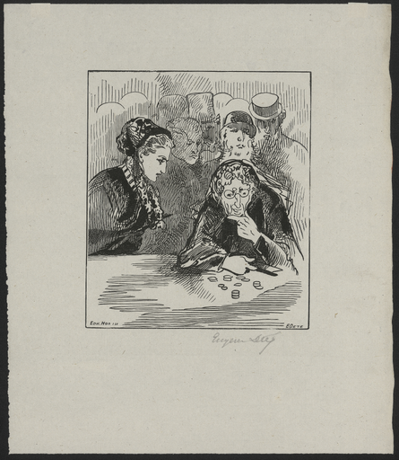 [Deux femmes jouant de l'argent sous les regards de spectateurs]