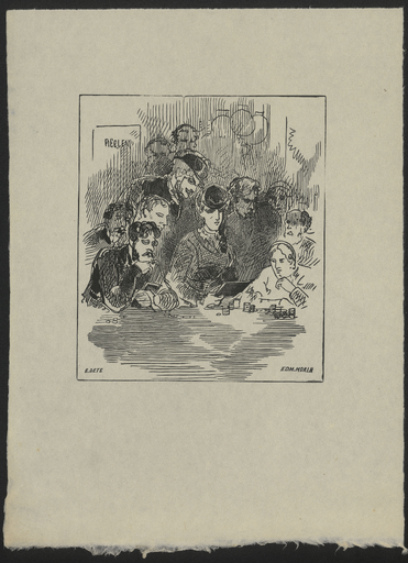 [Deux hommes et une femme jouant de l'argent sous les regards de spectateurs]