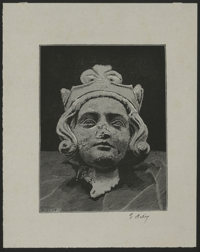 [Tête de roi en pierre, imberbe et couronné d'une fleur de lys]