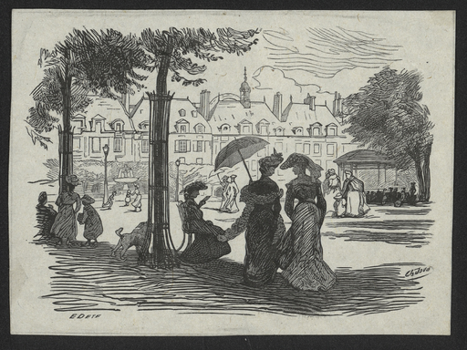 [Femmes élégantes sur une place]