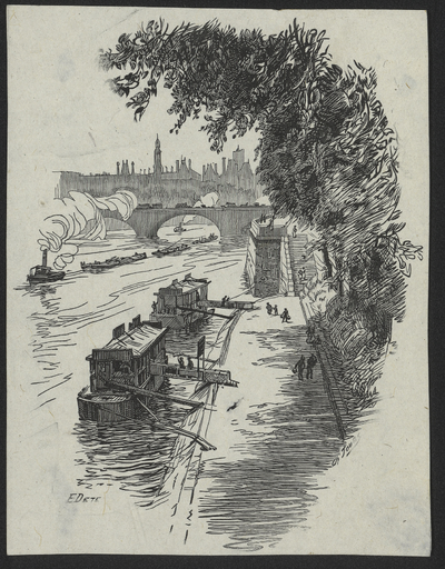 [Bateaux à quai sur le fleuve traversant une ville]