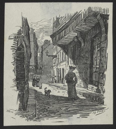 [Etroite rue parisienne parcourue par une élégante]