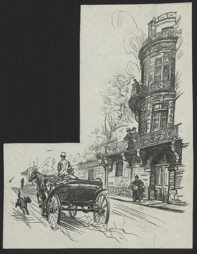 [Attelage hippomobile dans une rue parisienne et des gens aux balcons]