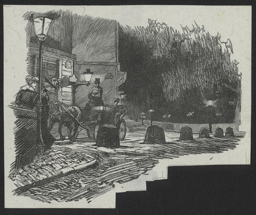 [Scène nocturne dans une rue parisienne d'une calèche attendant des élégantes]