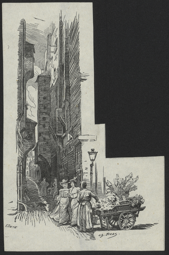 [Dans une rue parisienne deux élégantes passent auprès d'une marchande de fleurs]