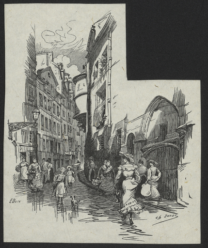 [Dans une rue parisienne des élégantes, des matrones et des fillettes]